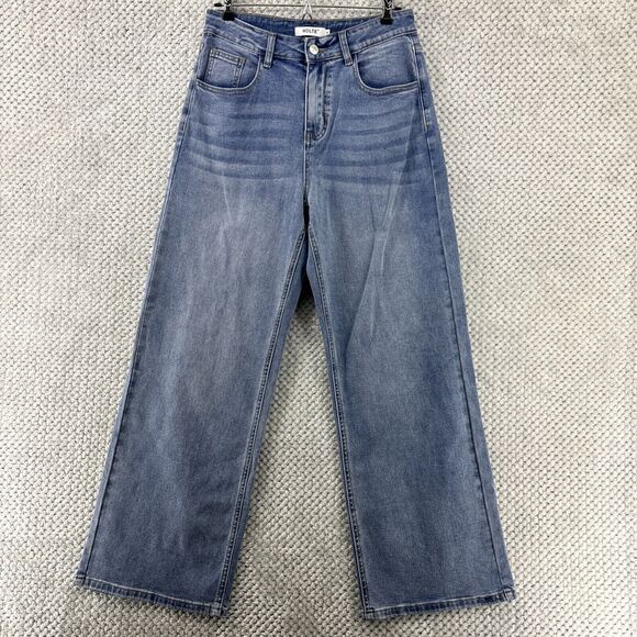 HDLTE Jeans Women M Blue Medium Denim Wash Wide Leg High Rise 5 Pockets Stretchy - Picture 1 of 16